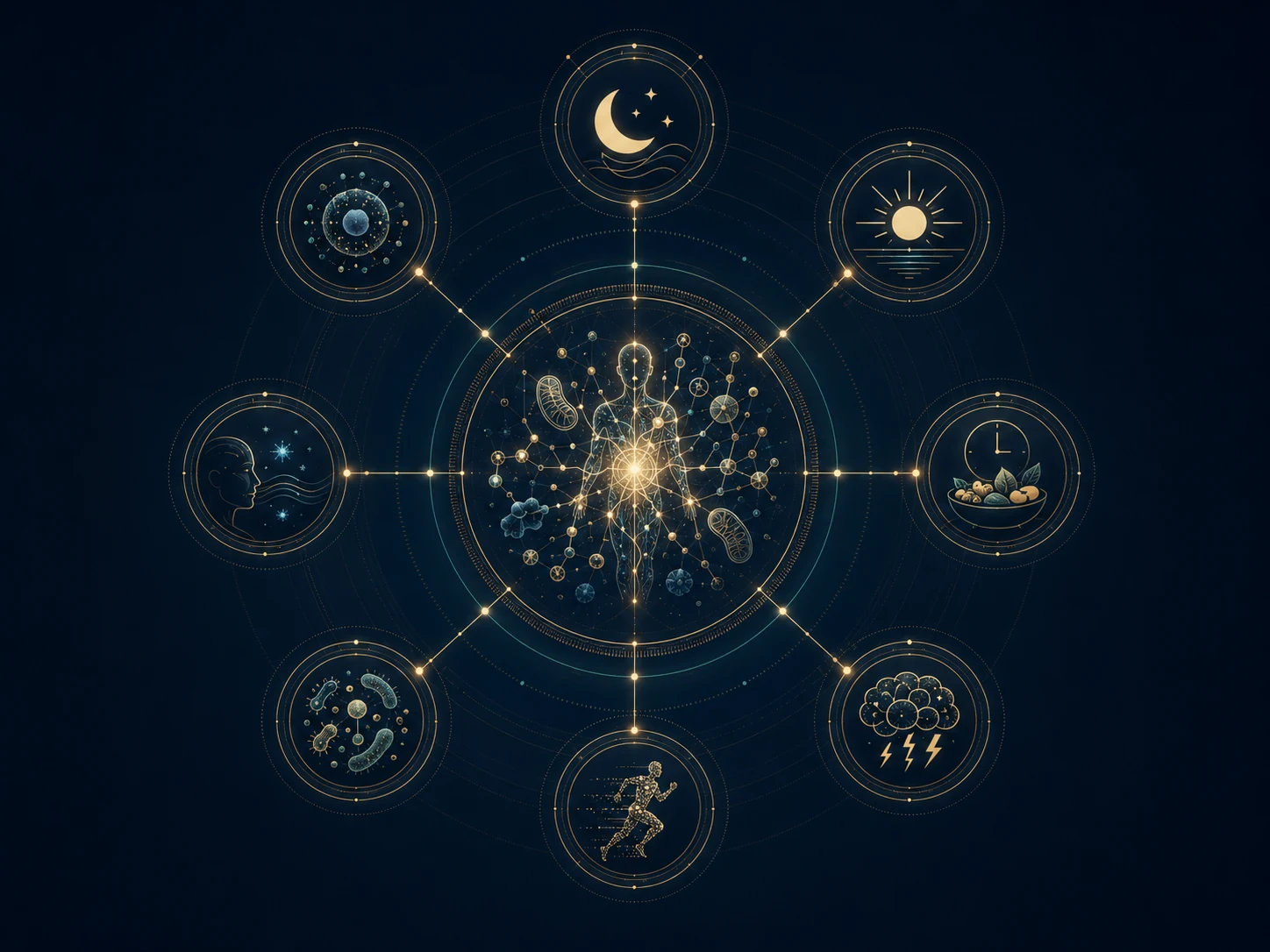 Context compass with biological center and symbols for sleep, light, meals, stress, movement, and microbiome