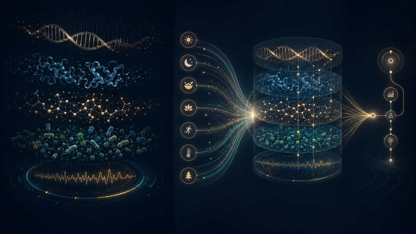 Multiomics-Datenlayer werden mit Kontextsignalen zu einem Entscheidungsweg verbunden