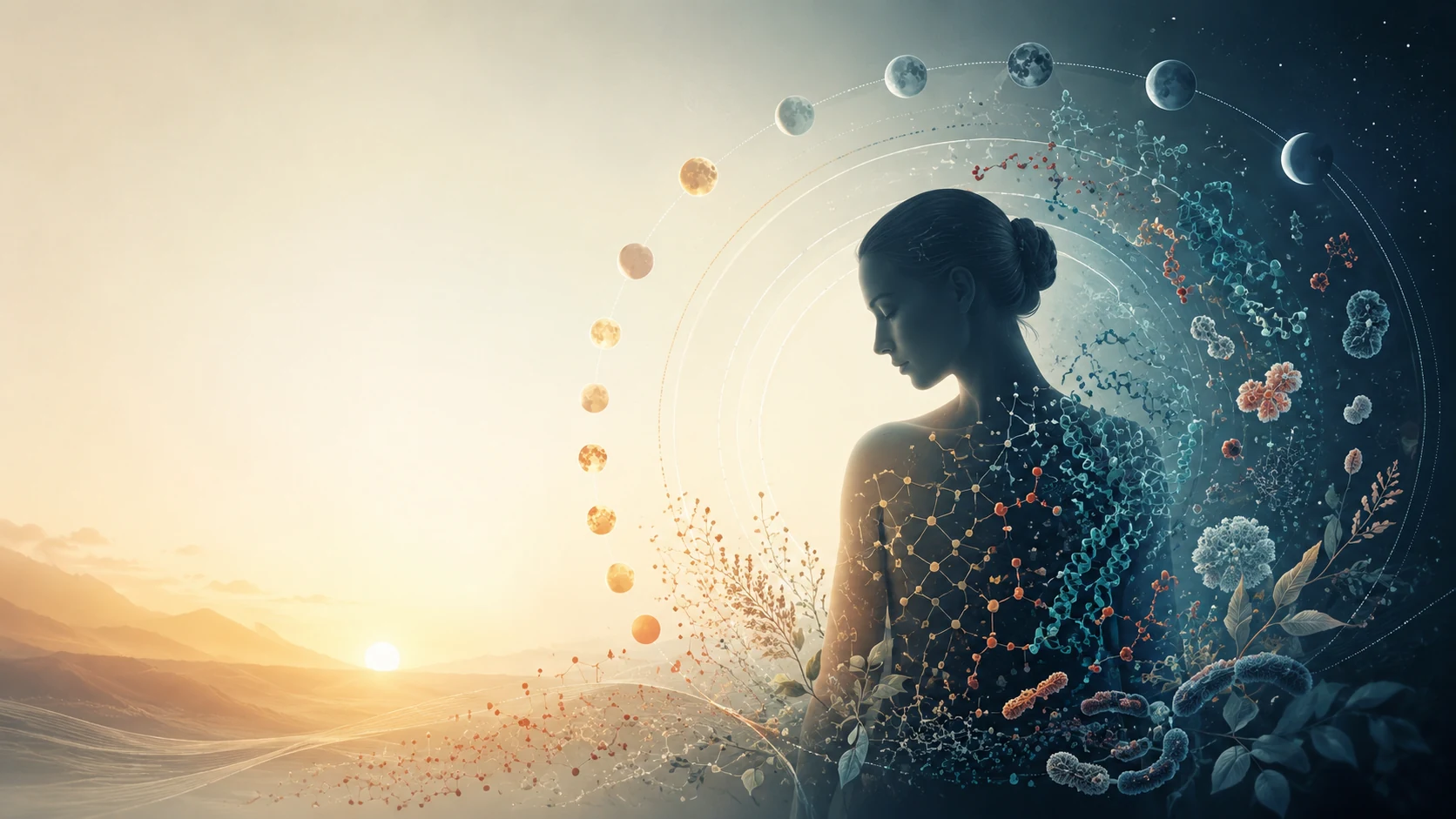 Human silhouette with circadian arc and molecular structures