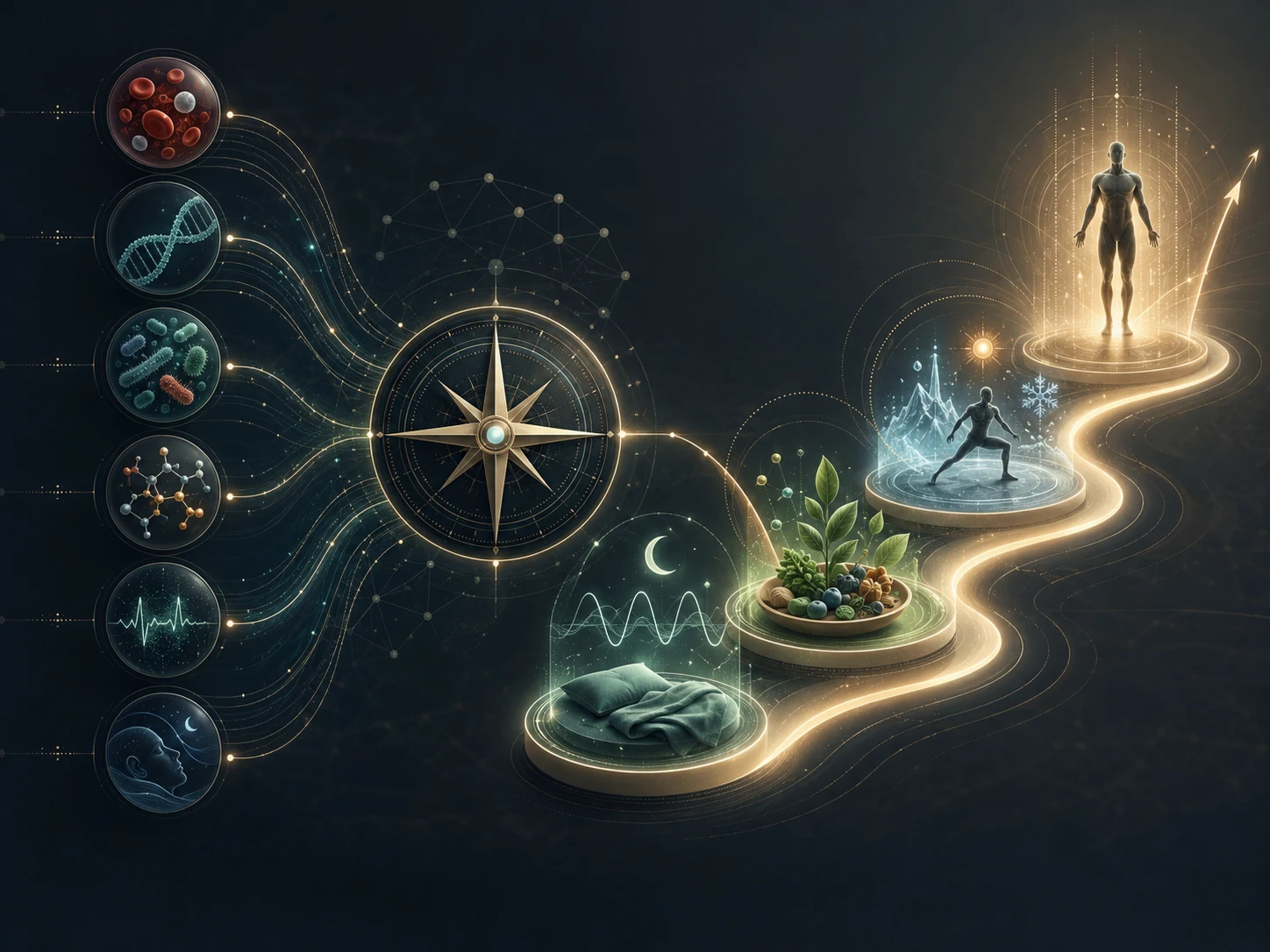 Biological data layers flowing into a compass and then into an ordered intervention sequence