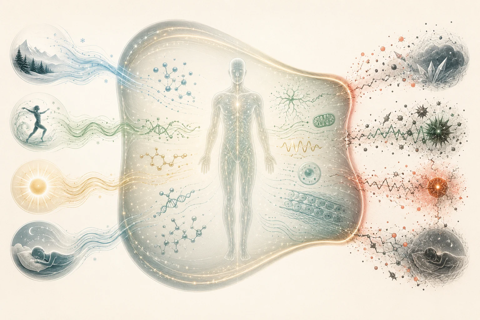 Biological tolerance window with organized stimuli inside and fragmented stress signals outside